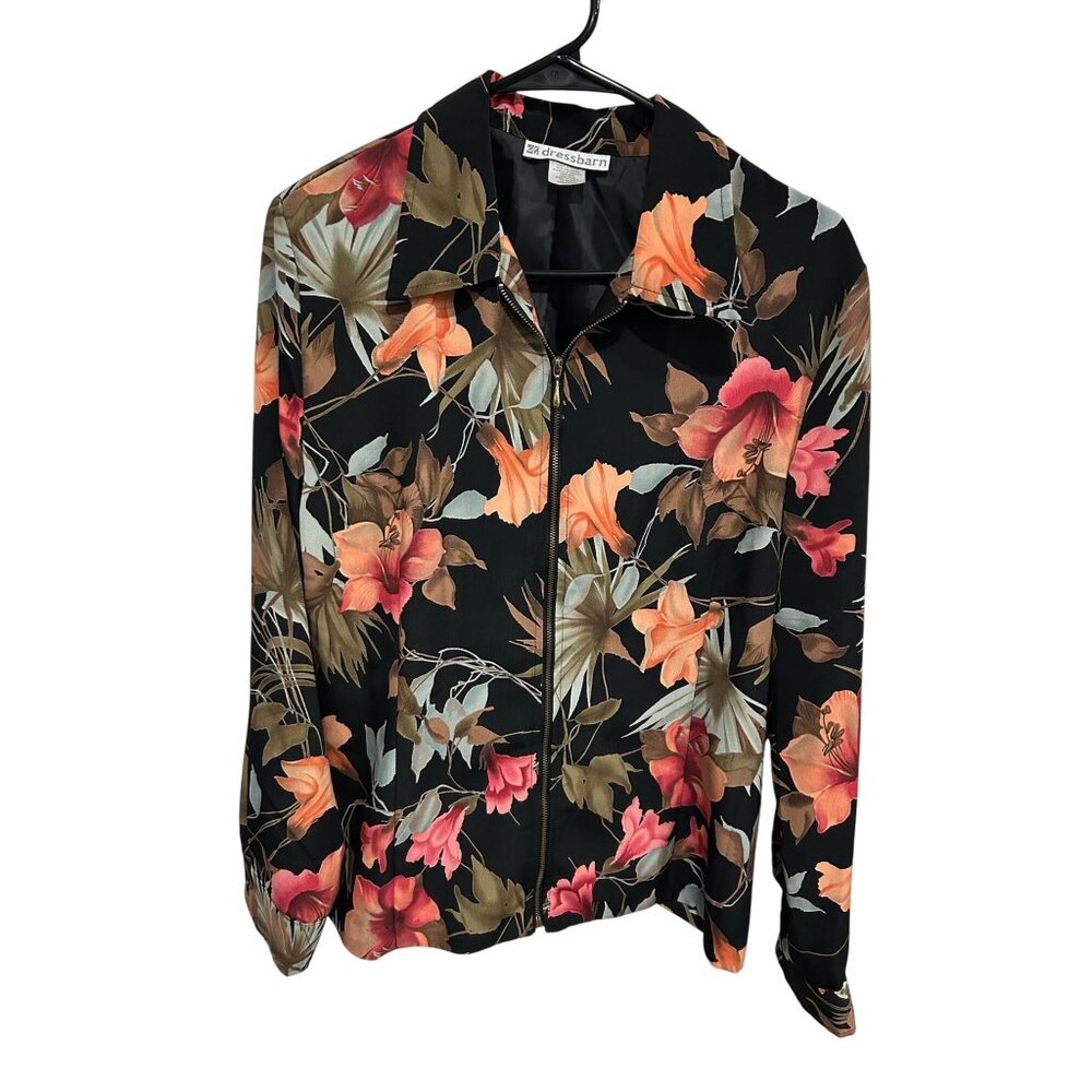 Dressbarn Black Orange Lightweight Floral Zip Up Blouse Size M Boho Gorpcore